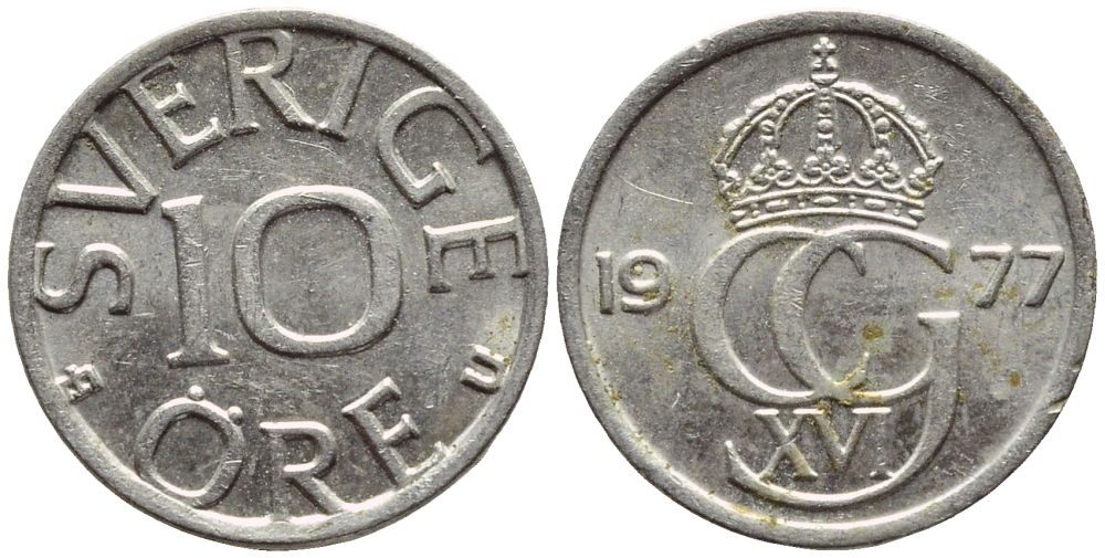 Швеция 10 эре 1977 U Карл XVI Густав (1973- ) KM 850 медно-никель 4396-529