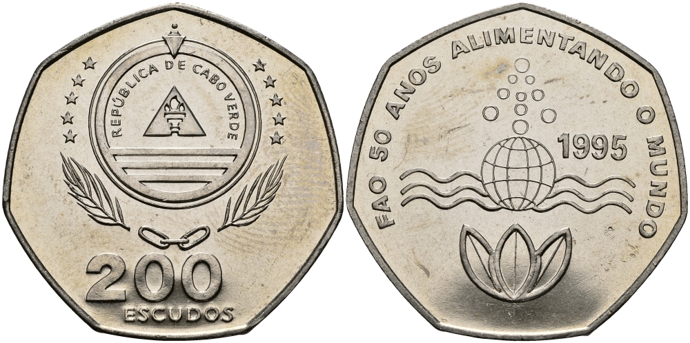 Кабо-Верде 200 эскудо 1995 50 лет FAO KM 34 медно-никель UNC 3333-911