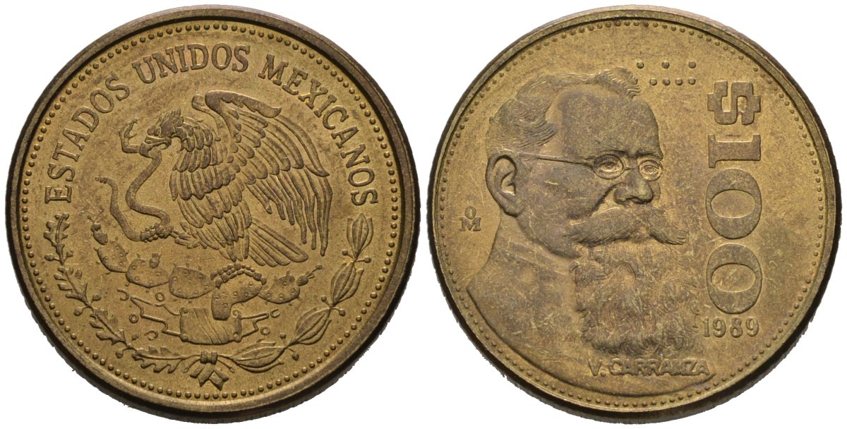 Мексика 100 песо 1989 Мо, Венустиано Карранса де ла Гарса KM 493 алюминиевая бронза 88-1141