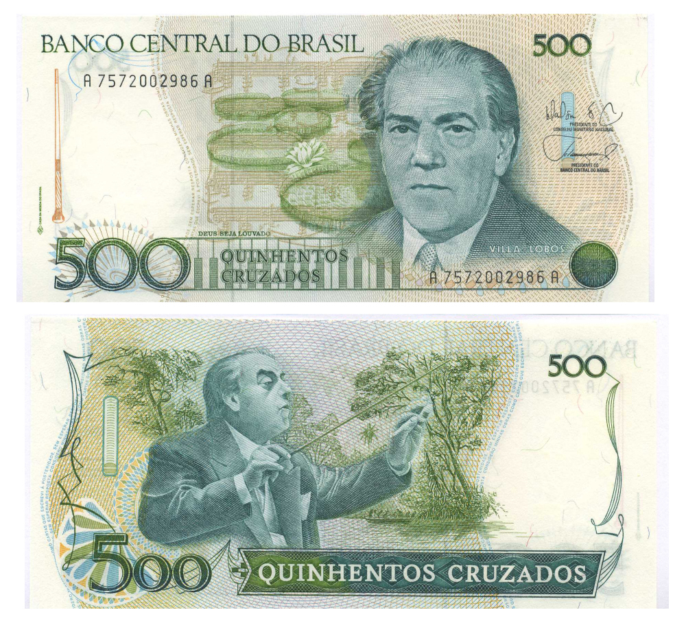 Бразилия 500 крузадо ND (1986-1988) серия A 7572, 100 лет со дня рождения Эйтор Вилла-Лобос Pick 212 d бумага UNC (пресс) 8595-34-1-2