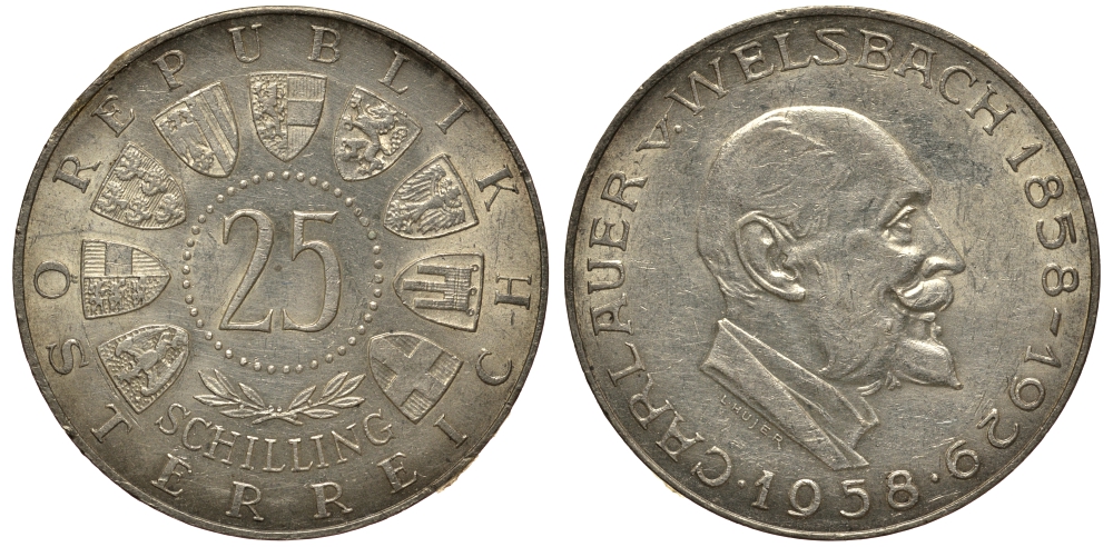 Австрия 25 шиллингов 1958 100 лет со дня рождения Карла Вельсбаха KM 2884 серебро aUNC 1520-122