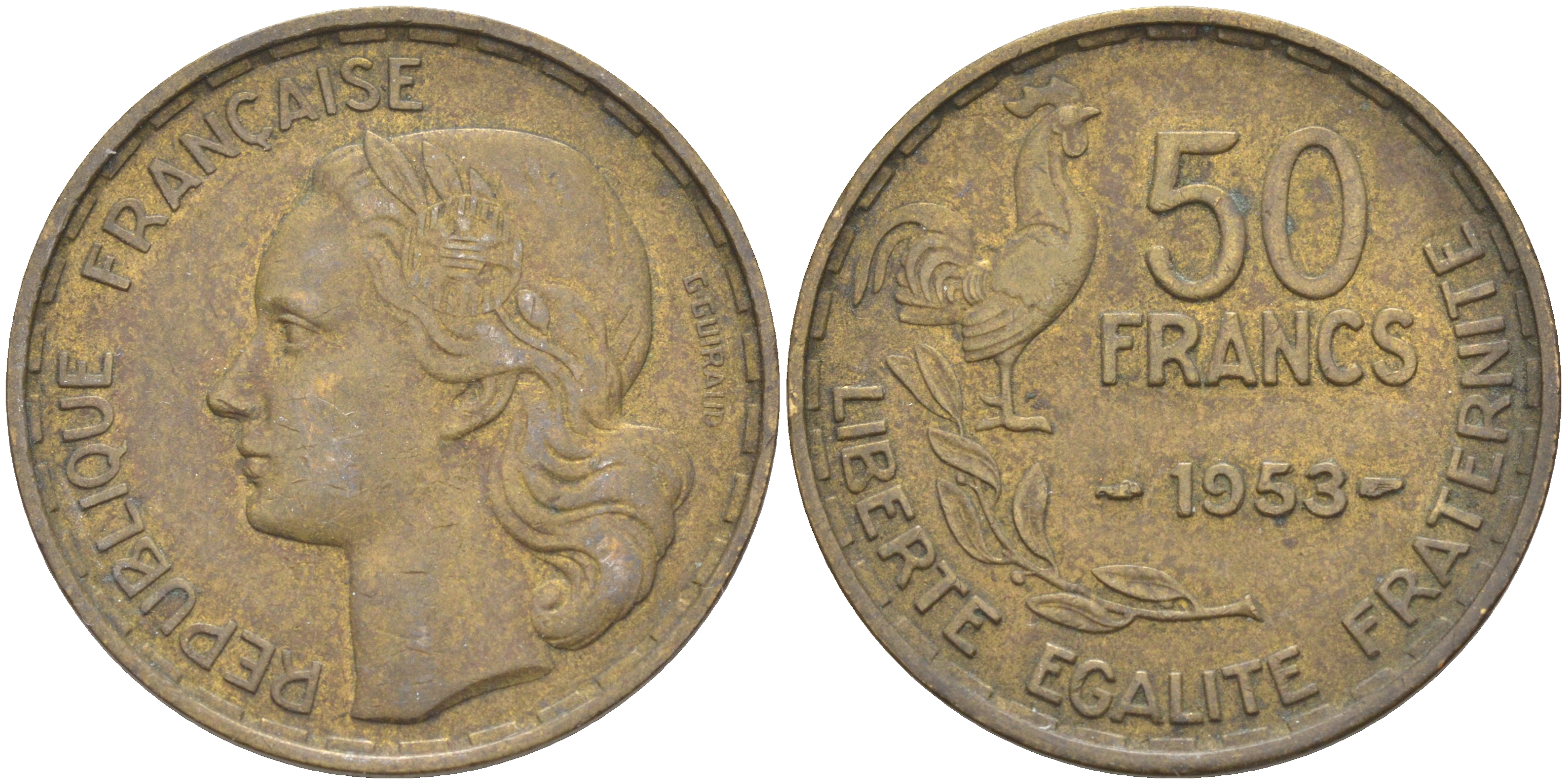 Франция 50 франков 1953 KM 918.1, le Frank 425.10 алюминиевая бронза 3855-1032