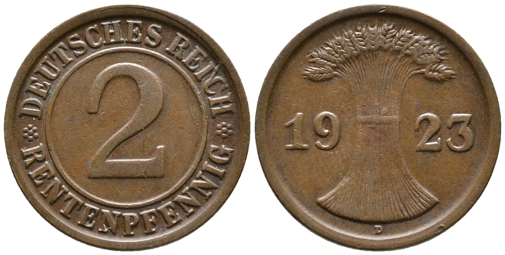 ГЕРМАНИЯ 2 РЕНТЕНПФЕННИГА 1923 D KM 31, J. 307 бронза 24-433