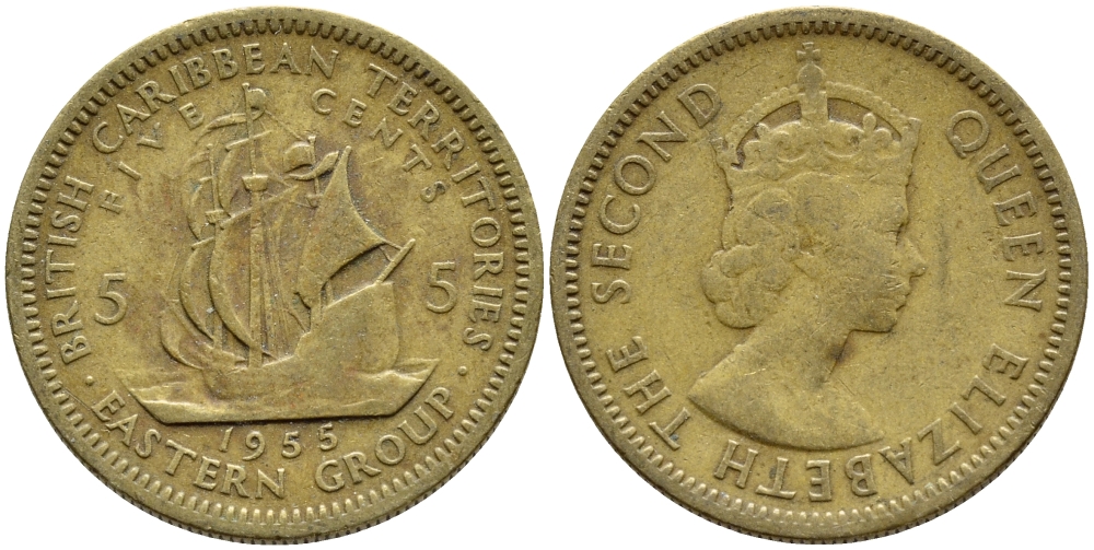 Британские Восточно-Карибские территории 5 центов 1955 Елизавета II (1952-2022), парусник KM 4 никель латунь 89-1714