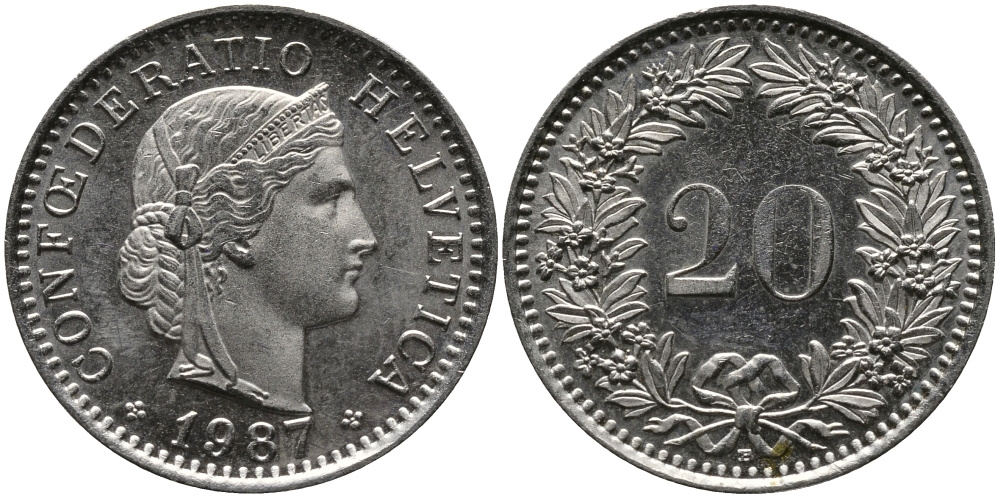ШВЕЙЦАРИЯ 20 РАППЕНОВ 1987 В KM 29a медно-никель 33-312