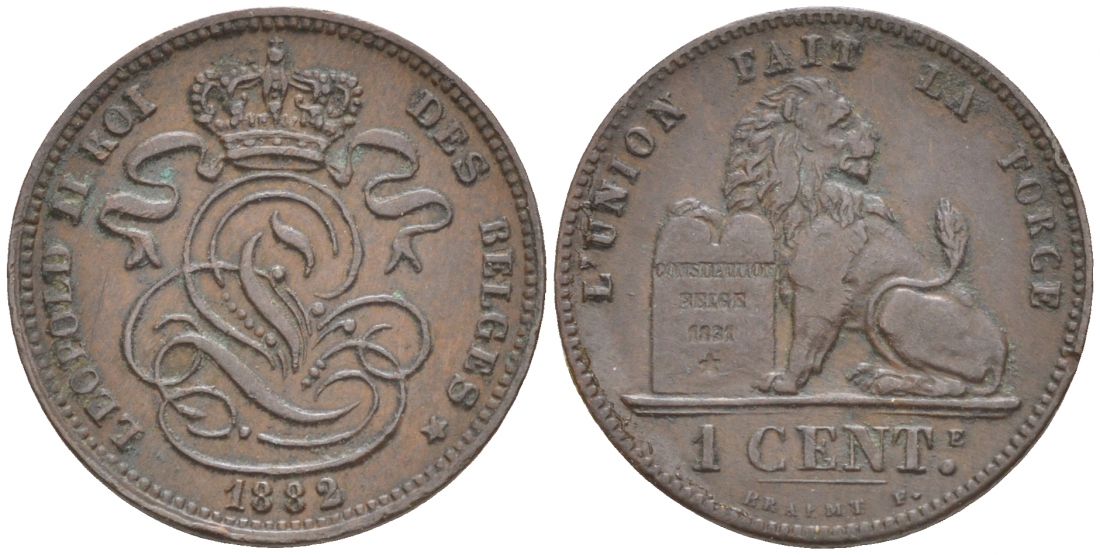 БЕЛЬГИЯ 1 САНТИМ 1882 KM 33.1 медь 44-937