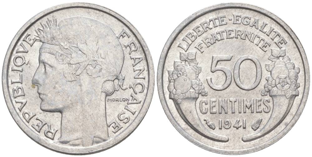 ФРАНЦИЯ 50 САНТИМОВ 1941 ТИП MORLON LOURDE KM 894.1a, LE FRANC 193.2 алюминий 44-314