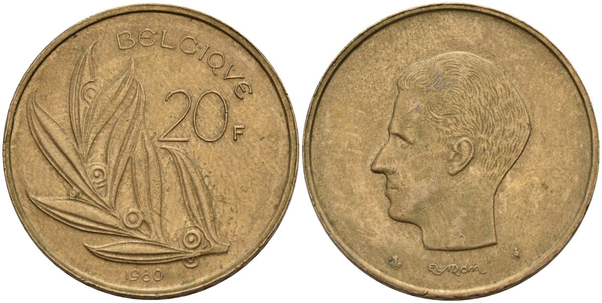 Бельгия 20 франков 1980 Belgique, Бодуэн I (1951-1993) KM 159 никель бронза 4150-827