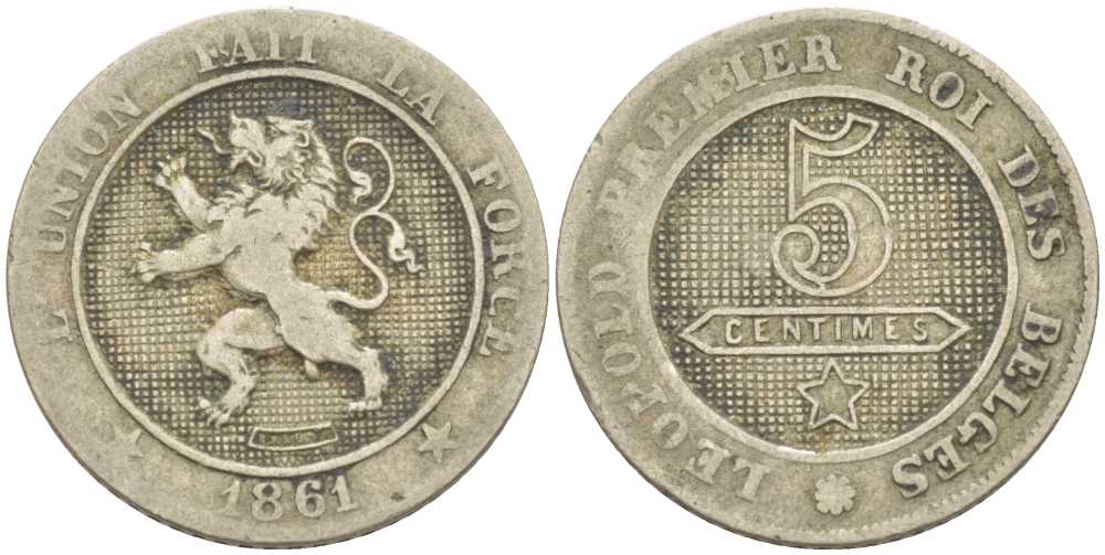 БЕЛЬГИЯ 5 САНТИМОВ 1861 BELGES KM 21 медно-никель 211-655