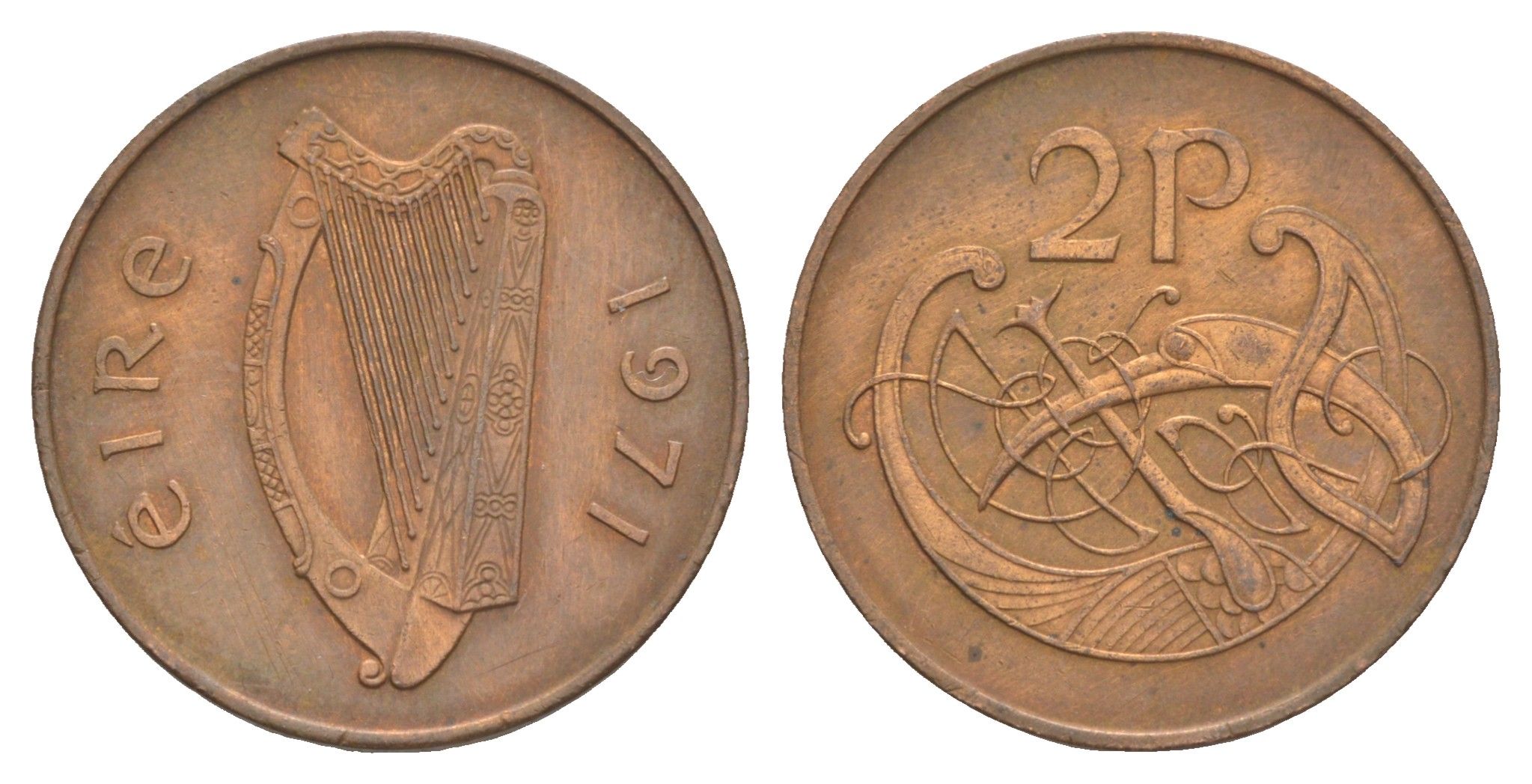 Ирландия 2 пенса 1971 виньетка в виде стилизованной птицы из второй библии Карла II лысого KM 21 бронза 4595-846