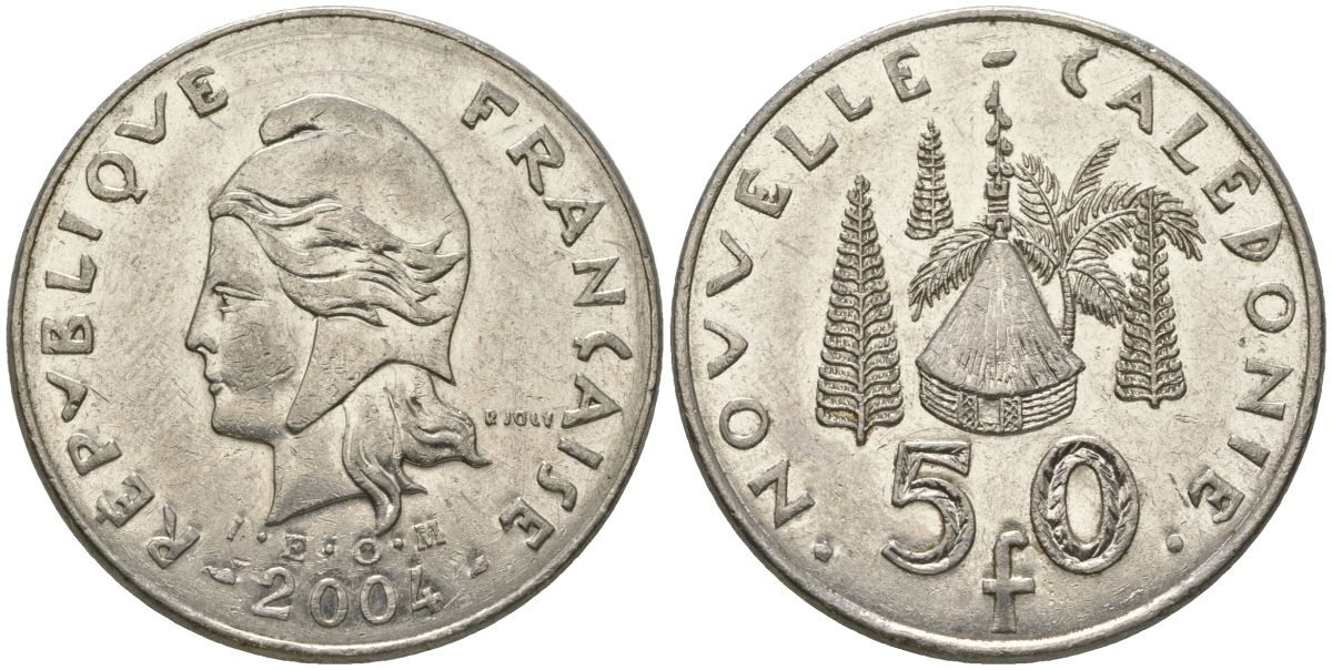 Французская Новая Каледония 50 франков 2004 хижина среди сосен и пальм, (IEOM) KM 13, Schoen 15, Lec 121 никель 111-1212