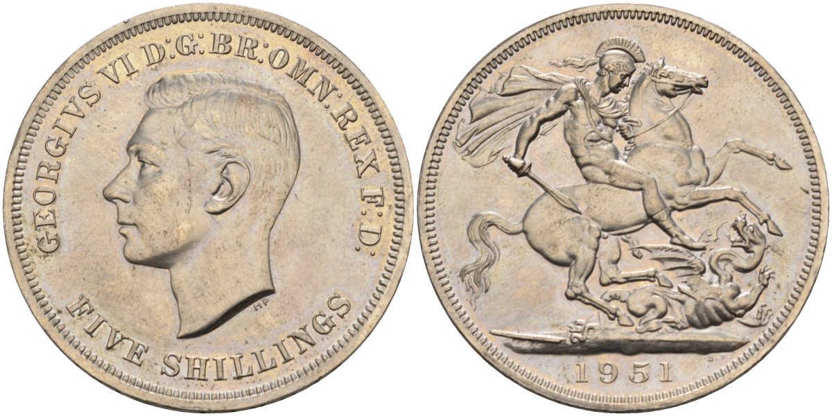 Великобритания 5 шиллингов = 1 крона 1951 Георг VI (1936-1952), фестиваль Британии, Георгий Победоносец, в оригинальной коробке KM 880, Spink 4111 медно-никель Prooflike 3-4-7-38