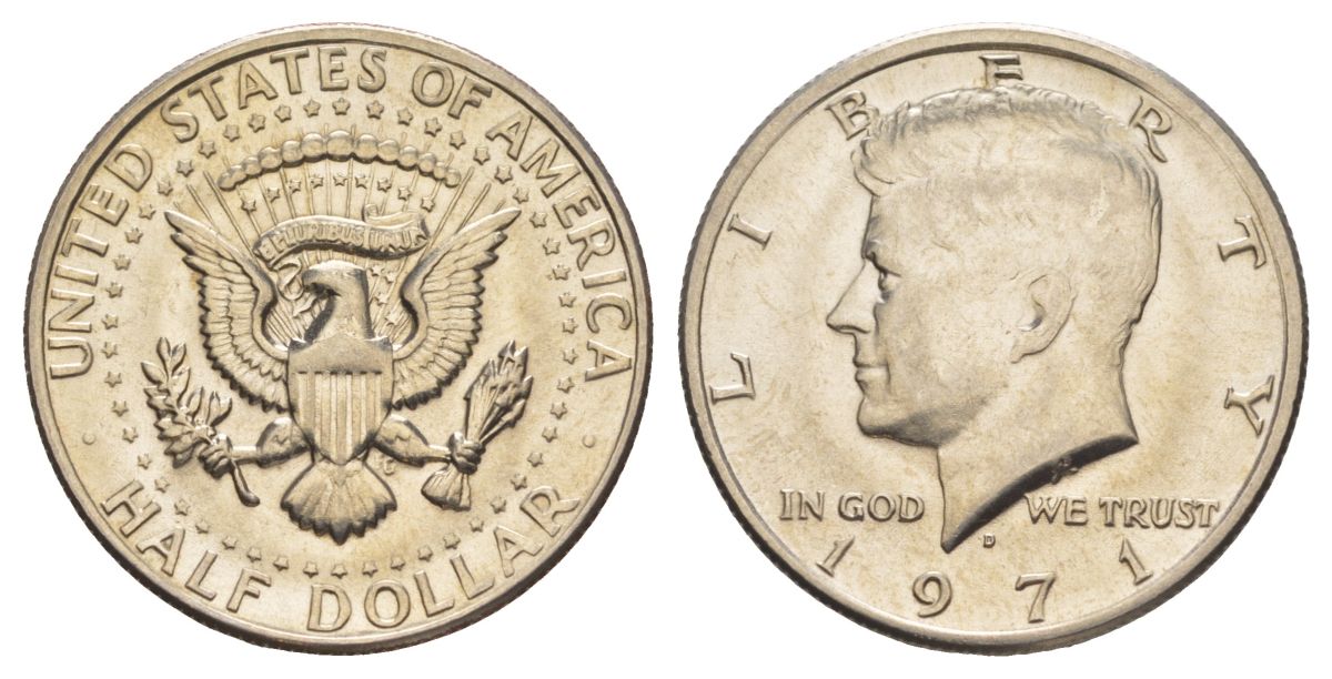 США 1/2 доллара (50 центов) 1971 D, Джон Кеннеди KM 202b медь плакированная медно-никелем aUNC 215-1244