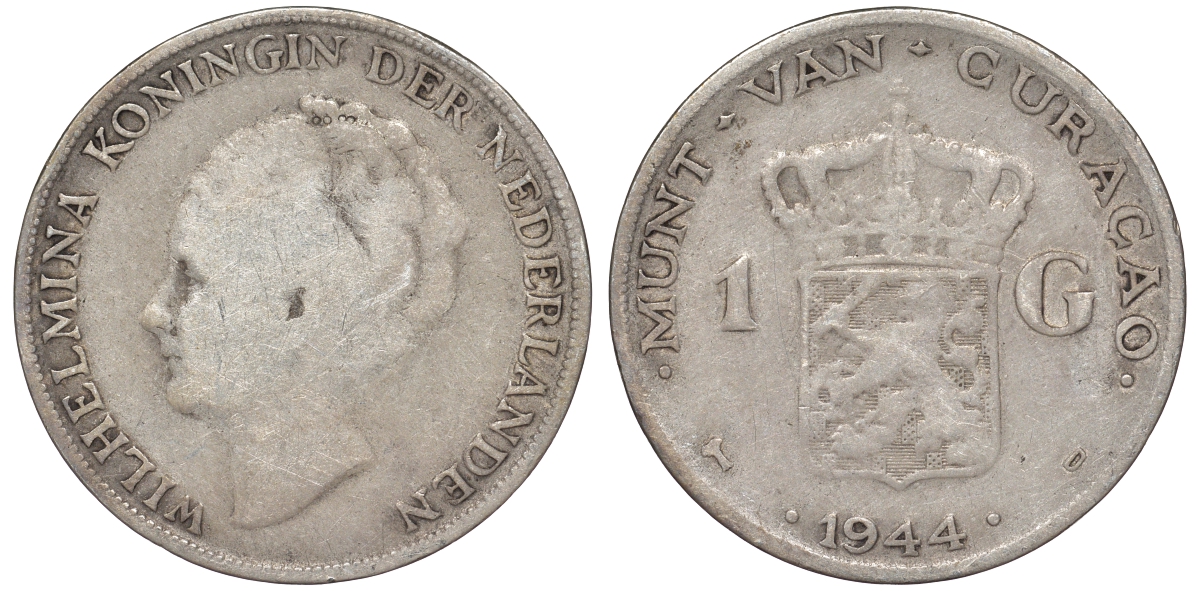 Нидерландское Кюрасао 1 гульден 1944 D, Вильгельмина (1890-1948) KM 45 серебро 36-516