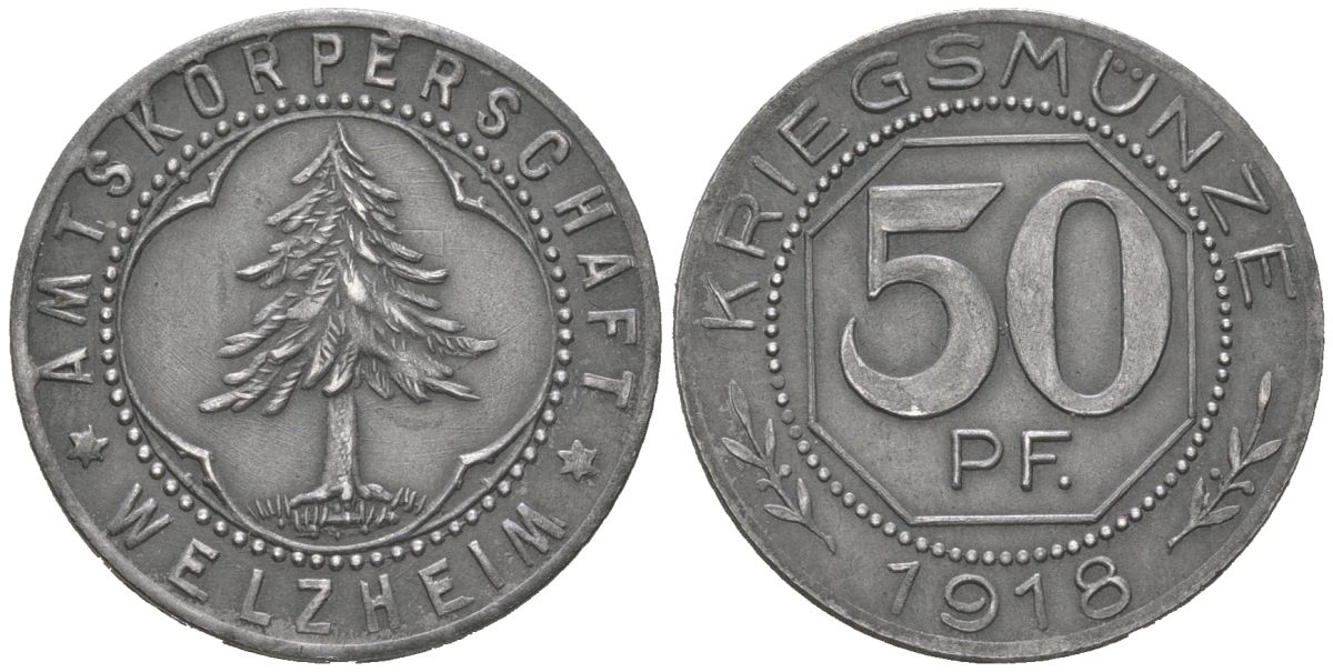 Вельцхайм (Вюртемберг) 50 пфеннигов 1918 Funck 593.3, Men05 26523.3, Men18 33344.3 железо aUNC 4591-413