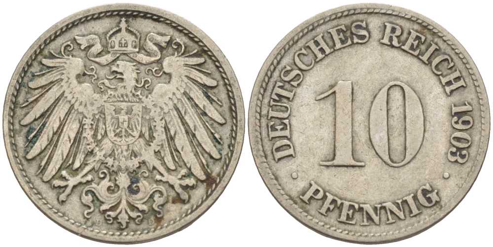 ГЕРМАНИЯ 10 ПФЕННИГОВ 1903 D KM 12, J. 13 медно-никель 4401-1247