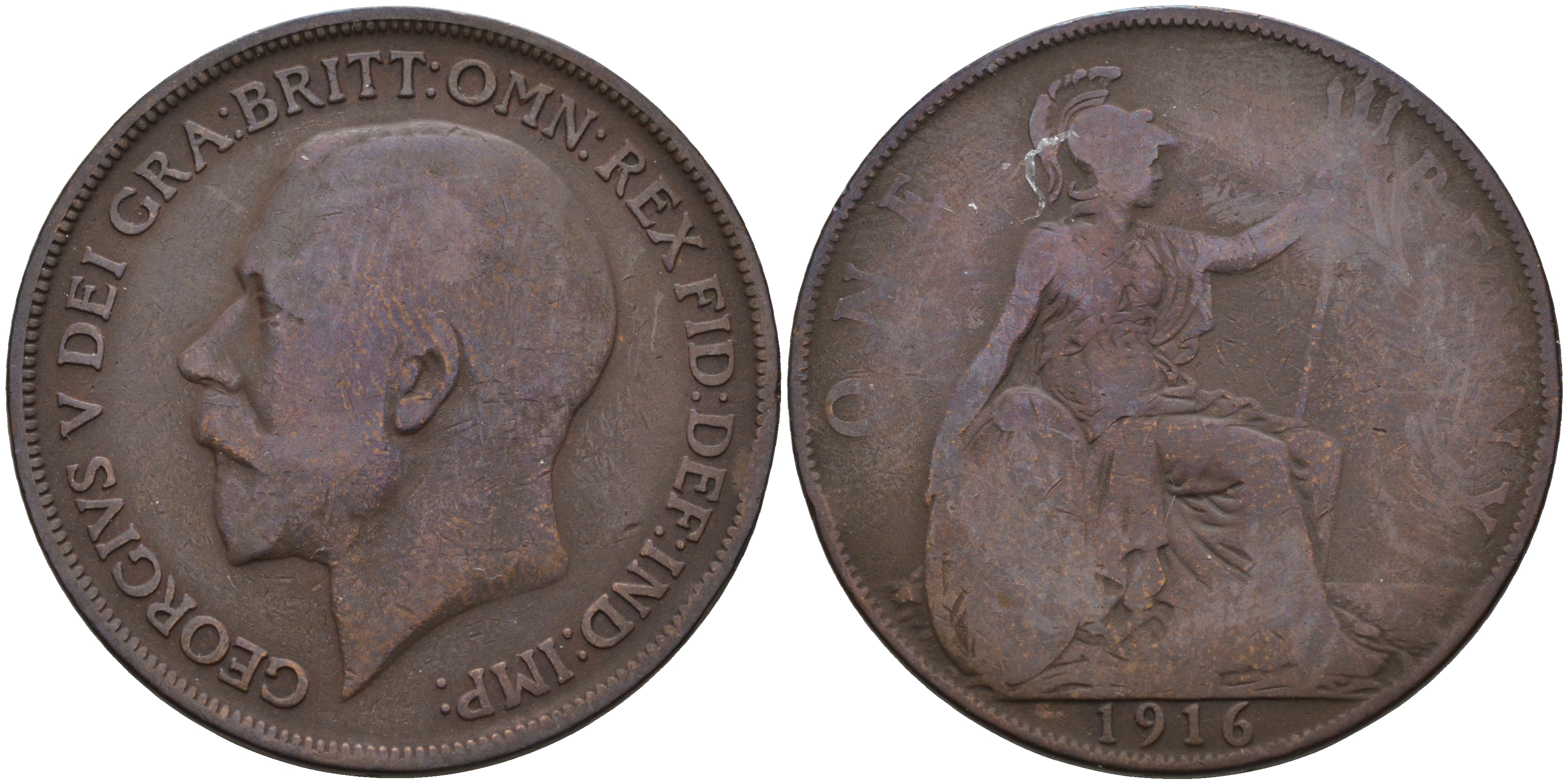 Великобритания 1 пенни 1916 Георг V (1910-1936) КМ 810, Spink 4051 бронза 4593-145