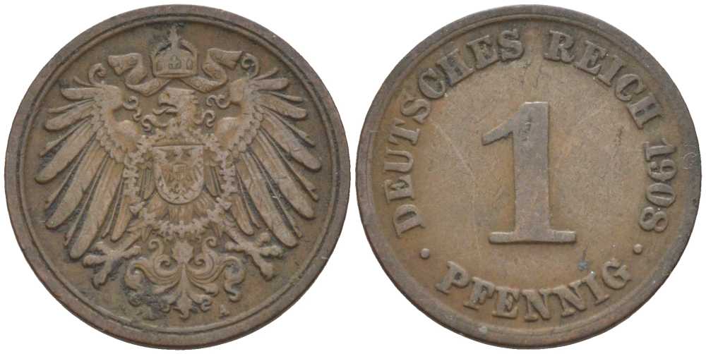 ГЕРМАНИЯ 1 ПФЕННИНГ 1908 А KM 10, J. 10 медь 201-929