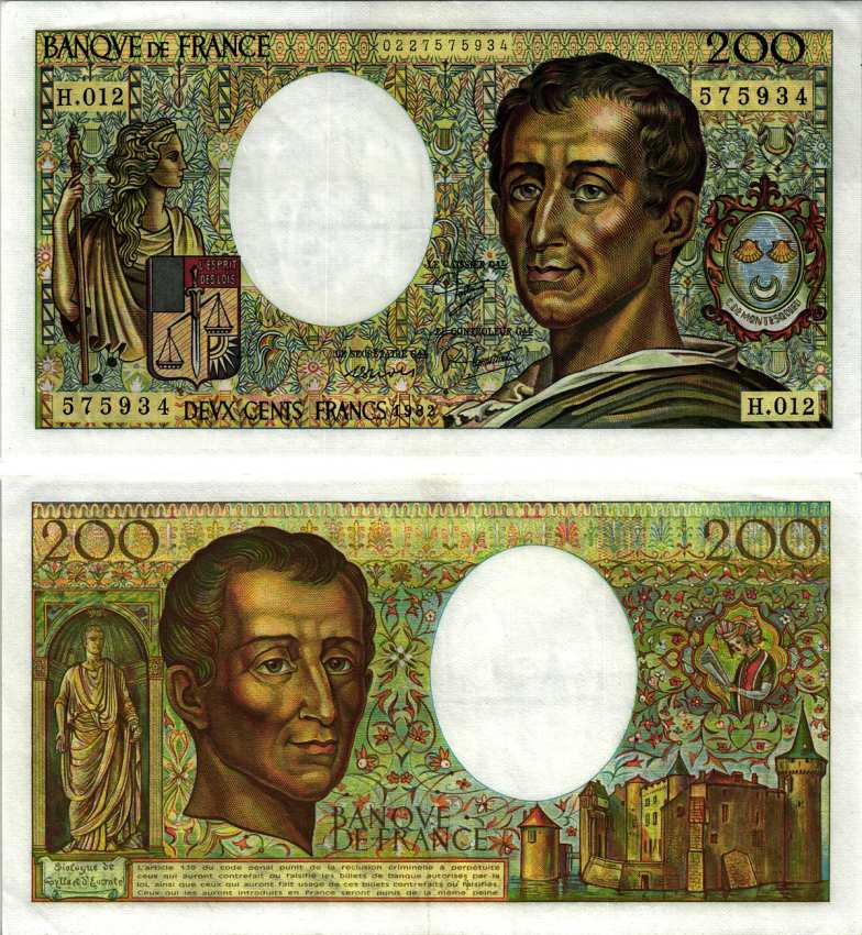 ФРАНЦИЯ 200 ФРАНКОВ 1982 ШАРЛЬ БАРОН де МОНТЕСКЬЮ, СТЕПЛЕР Pick 155а бумага XF 7183-39-3-1