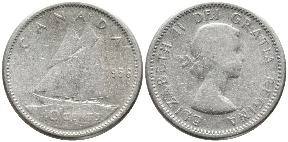 Канада 10 центов 1956 Елизавета II (1952-2022), парусник, без точки KM 51 серебро 4532-753