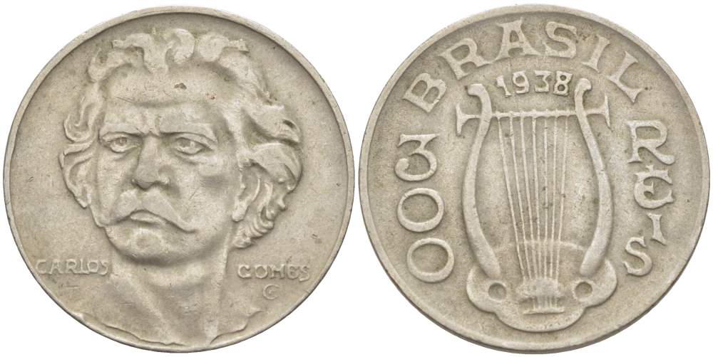 БРАЗИЛИЯ 300 РЕЙС 1938 БРАЗИЛЬСКИЙ КОМПОЗИТОР АНТОНИО КАРЛОС ГОМЕС (1836-1896), АРФА KM 538 медно-никель 4529-616