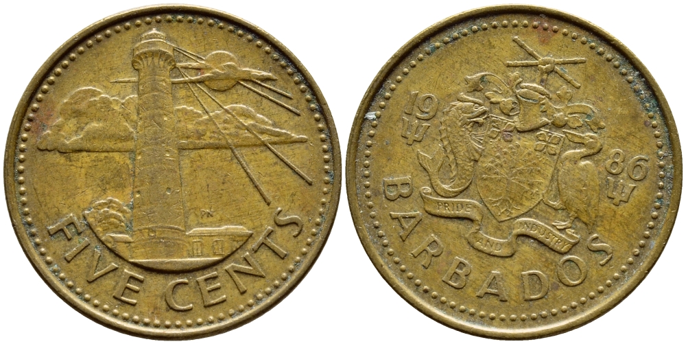Барбадос 5 центов 1986 маяк Саут-Пойнт KM 11 латунь 4398-536