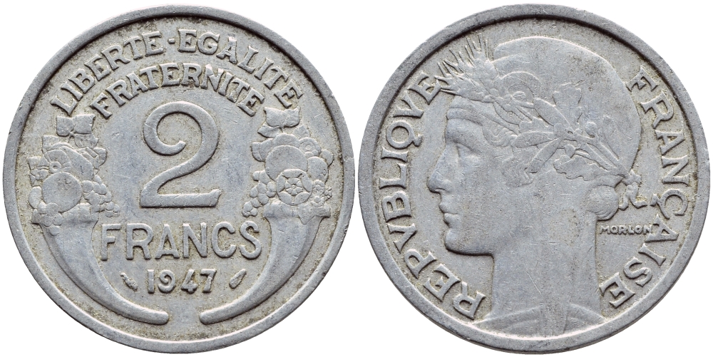 Франция 2 франка 1947 KM 886а.1 алюминий 4397-741