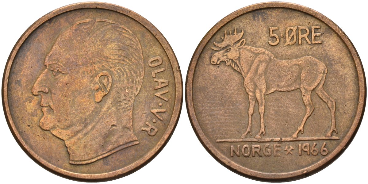 Норвегия 5 эре 1966 KM 405 бронза 4148-244