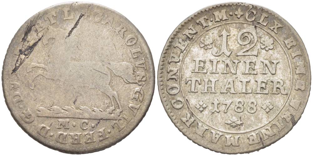 БРАУНШВЕЙГ-ВОЛЬФЕНБЮТТЕЛЬ 1/12 ТАЛЕРА 1788 MC, КАРЛ ВИЛЬГЕЛЬМ ФЕРДИНАНД (1780-1806) KM 1000, Welter 2922 серебро 4548-915