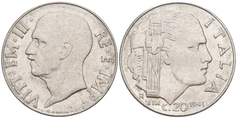 ИТАЛИЯ 20 ЧЕНТЕЗИМО 1941 R, ГОД XIX, ВИКТОР ЭММАНУИЛ III (1900-1946) KM 75b, VEM3. 1028 нержавеющая сталь 3853-1134