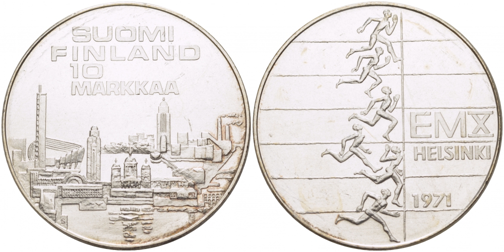 Финляндия 10 марок 1971 S-H, X Чемпионат Европы по легкой атлетике KM 52 серебро UNC 1515-1334