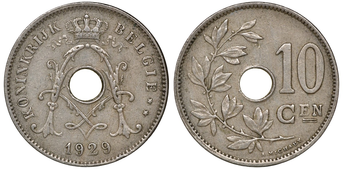 Бельгия 10 сантимов 1929 Belgie, Альберт I KM 86 медно-никель 4163-732