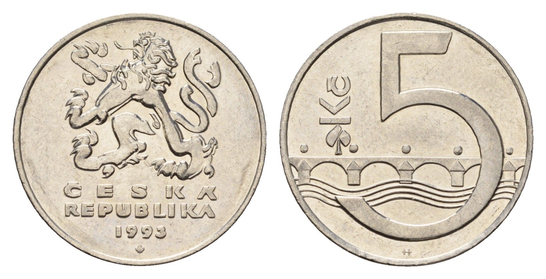 Чехия 5 крон 1993 чешский лев, Карлов мост KM 8 сталь плакированная никелем 190-1245