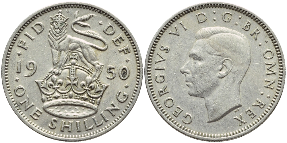 Великобритания 1 шиллинг 1950 Георг VI (1936-1952), Английский герб KM 876, Spink 4108 медно-никель 4395-1222