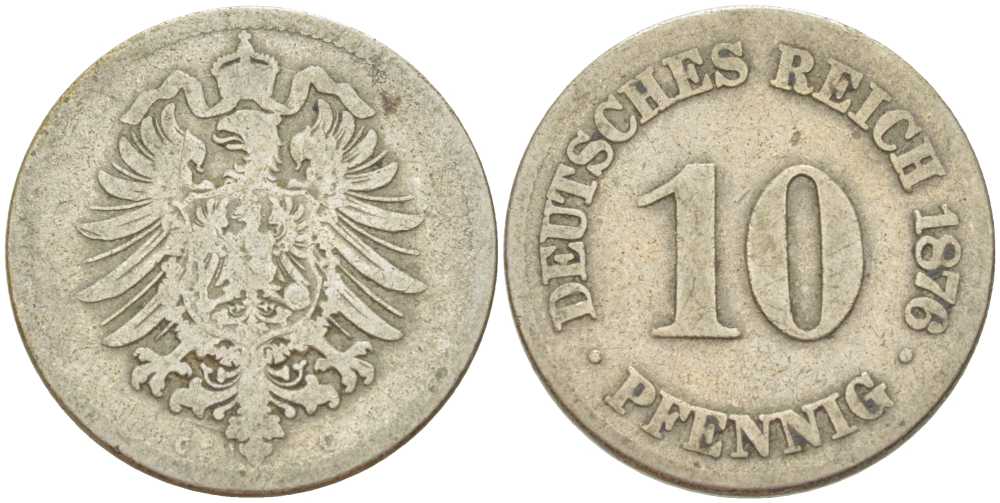 Германия 10 пфеннигов 1876 C, старогербовка KM 4, Jager 4, Weege 7 медно-никель 261-1225