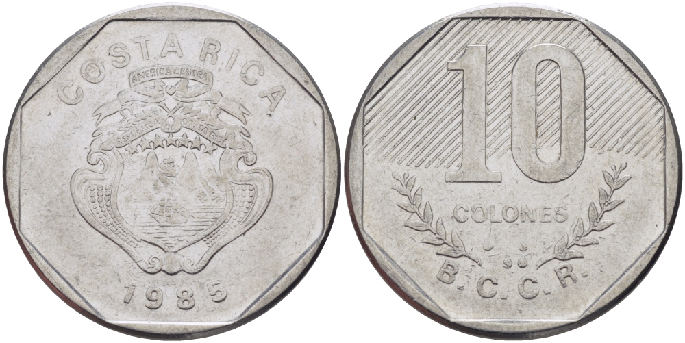 Коста-Рика 10 колонов 1985 B.C.C.R. KM 215.2 нержавеющая сталь 82-121