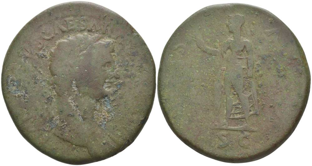 Римская Империя сестерций 41 - 42 Клавдий, TI CLAVDIVS CAESAR AVG P M TR P IMP, голова императора / SPES AVGVSTA S C, Спея, богиня Здоровья, Рим, 23,86 гр RIC 99 бронза 1073-22-52