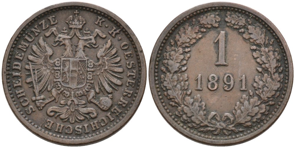 Австрия 1 крейцер 1891 Франц Иосиф I KM 2187 медь 4567-962