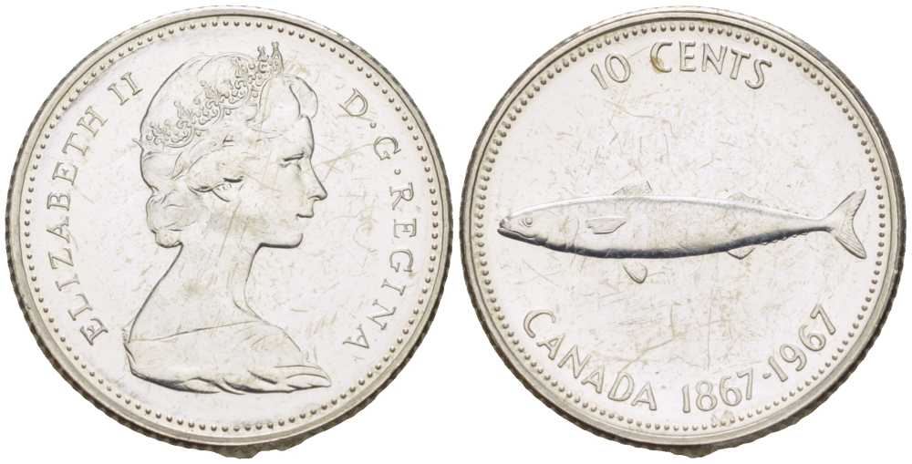 КАНАДА 10 ЦЕНТОВ 1967 100 ЛЕТ КОНФЕДЕРАЦИИ, РЫБА, ЕЛИЗАВЕТА II (1952-) KM 67 серебро UNC 206-244