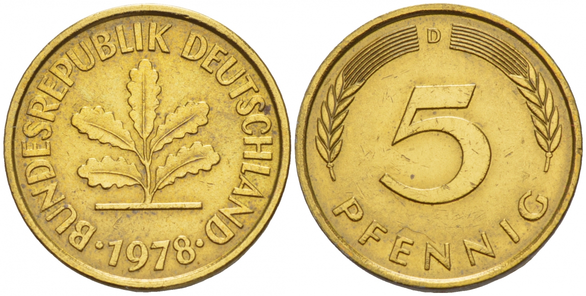 ФРГ 5 ПФЕННИГОВ 1978 D KM 107, J.382 сталь плакированная латунью 4532-1252