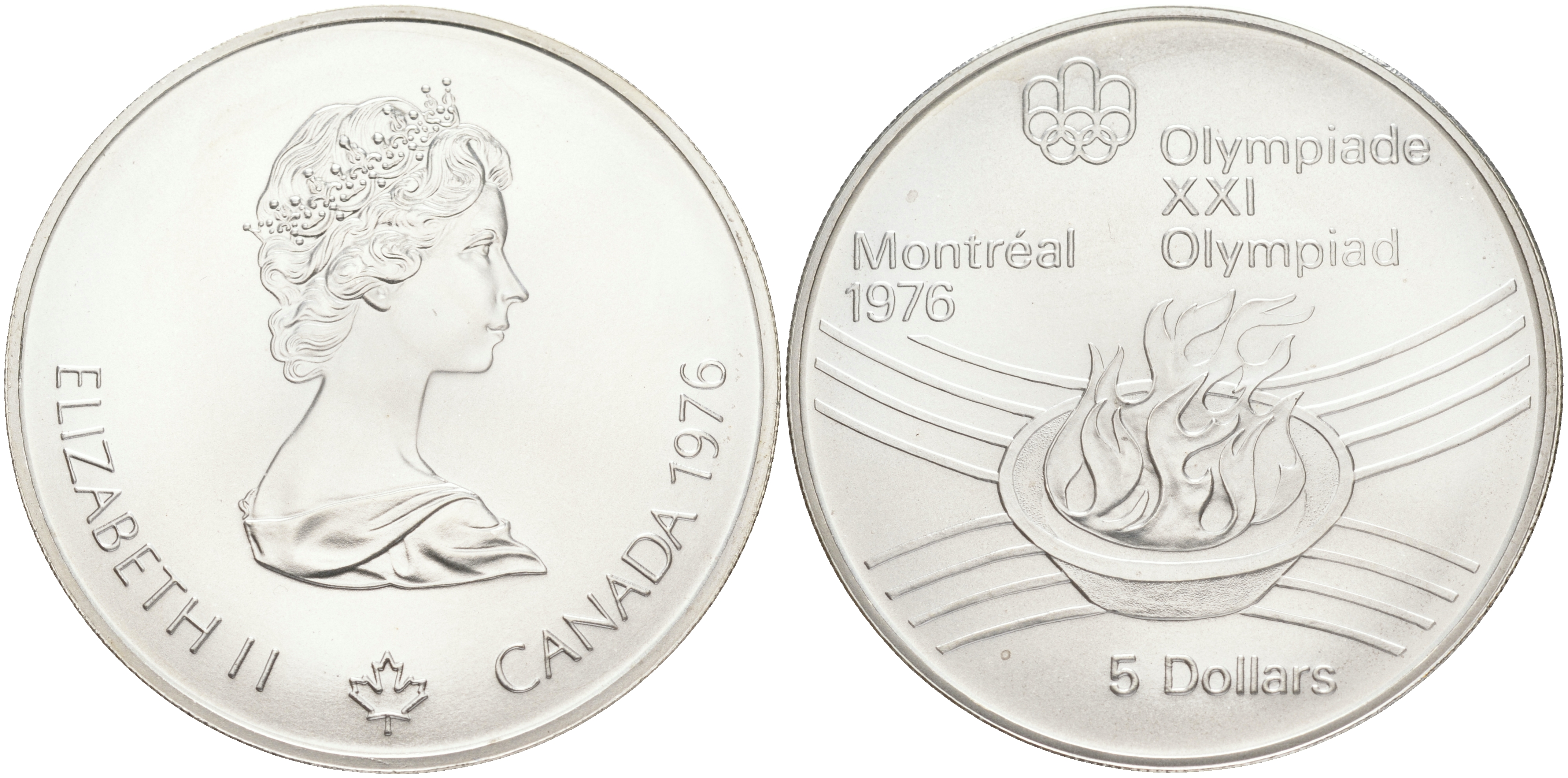 Канада 5 долларов 1976 XXI летние Олимпийские игры в Монреале 1976 года, Олимпийский огонь KM 110 серебро UNC 107-232