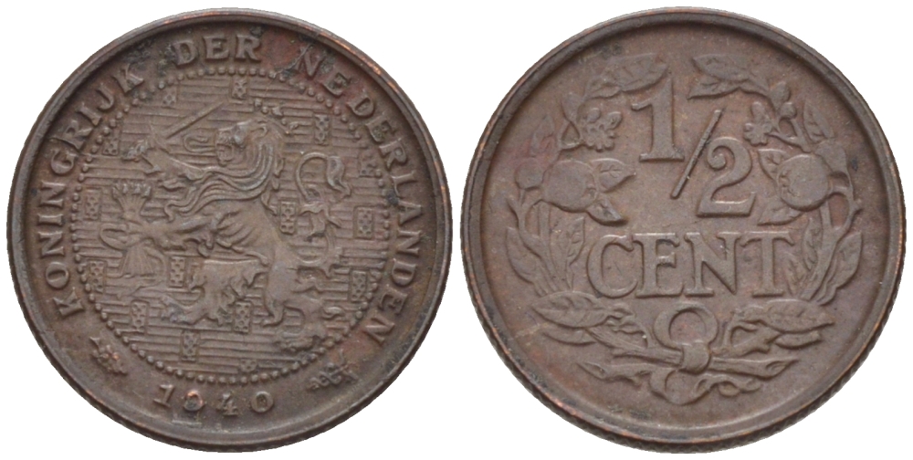 НИДЕРЛАНДЫ 1/2 ЦЕНТА 1940 ВИЛЬГЕЛЬМИНА (1890-1948) KM 138 бронза 39-241