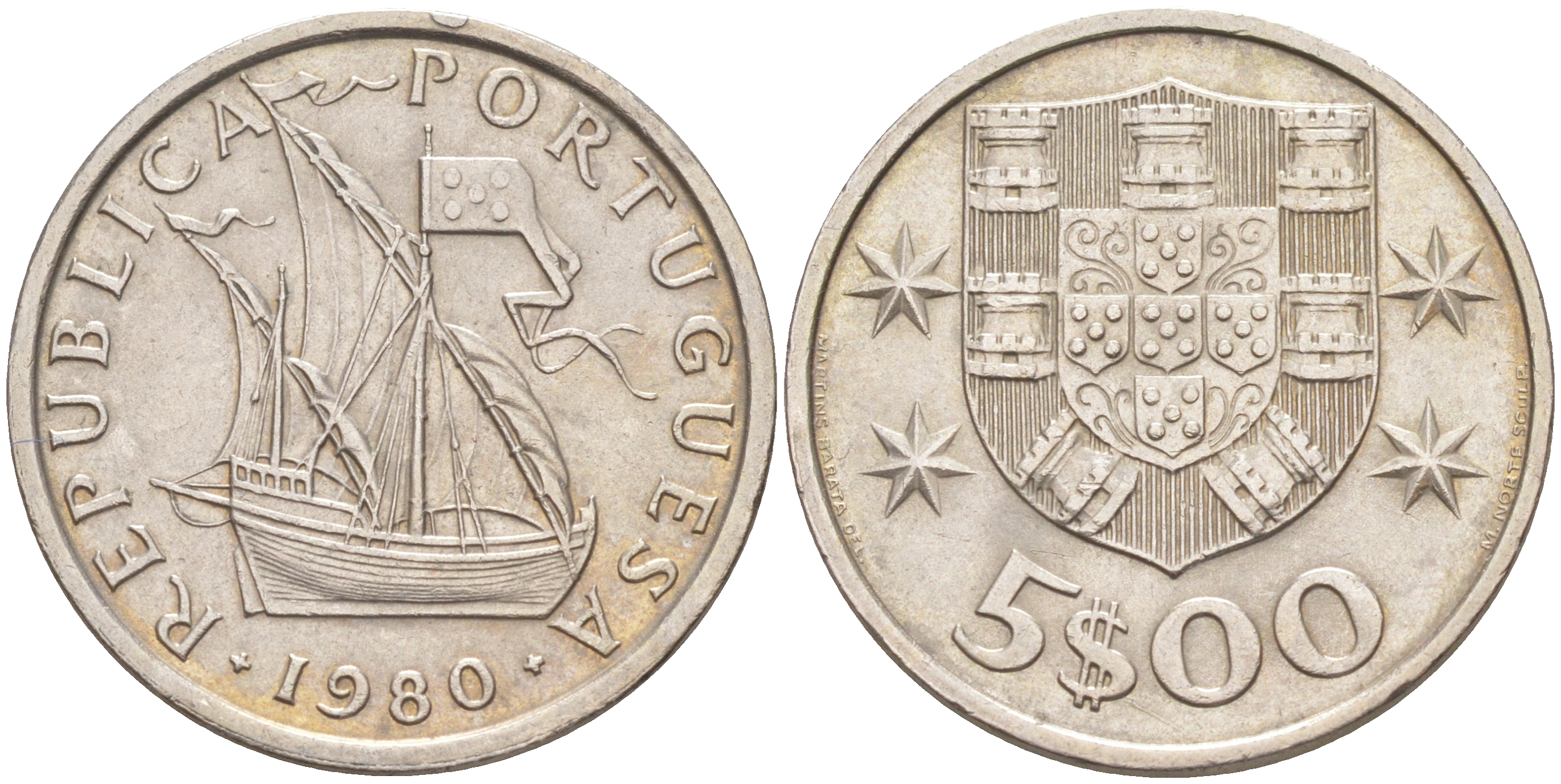 ПОРТУГАЛИЯ 5 ЭСКУДО 1980 ПАРУСНИК KM 591 медно-никель 98-1132