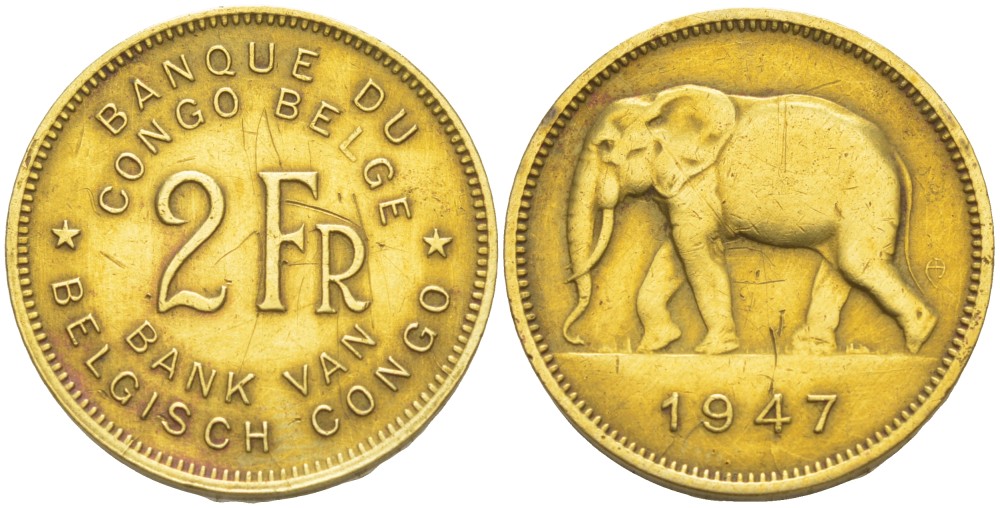 Бельгийское Конго 2 франка 1947 слон KM 28 латунь 4541-1044