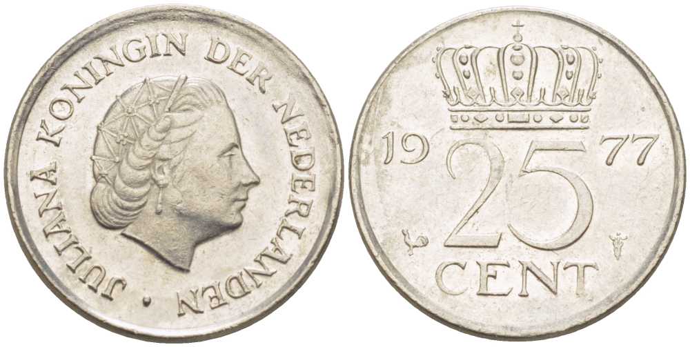 Нидерланды 25 центов 1977 Юлиана (1948-1980) KM 183 никель 214-1116