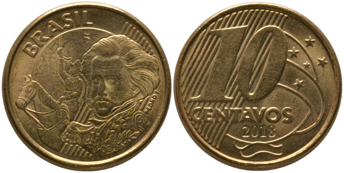 Бразилия 10 сентаво 2018 KM 649, Schon 157 сталь плакированная бронзой 4523-942