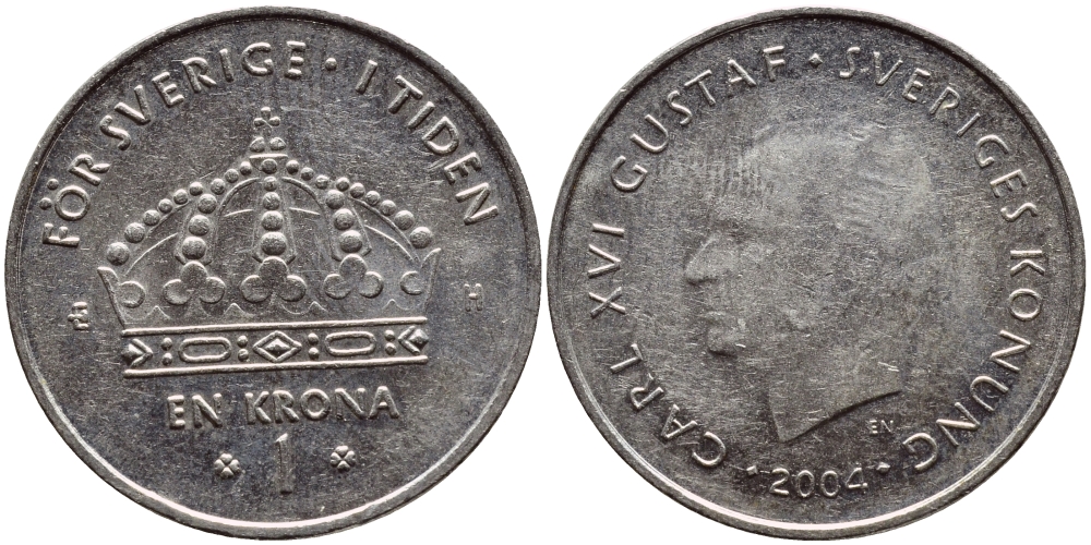 Швеция 1 крона 2004 Карл XVI Густав (1973- ) KM 894 медно-никель 177-227