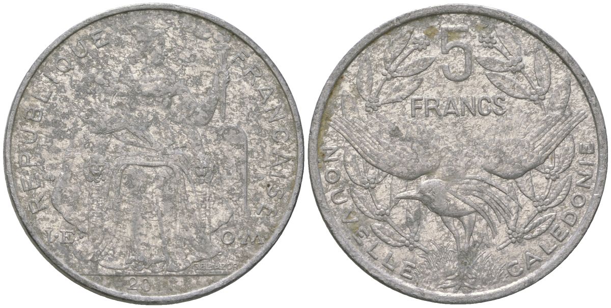 Французская Новая Каледония 5 франков 2014 птица кагу, (IEOM) KM 16, Schoen 12, Lec 81k алюминий 4117-131