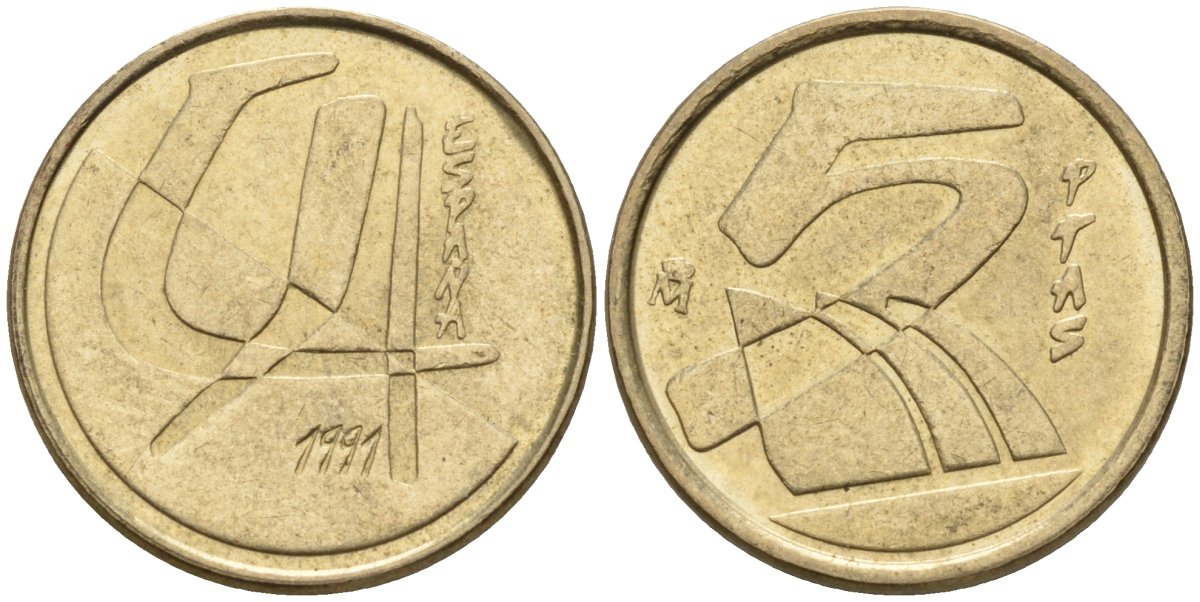 Испания 5 песет 1991 Хуан Карлос I (1975-2014) KM 833 алюминиевая бронза 4154-532