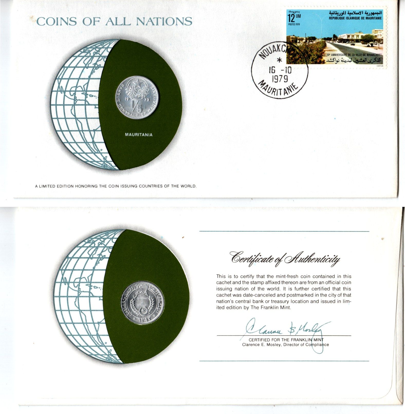 Мавритания 1/5 угии 1973 конверт с маркой первого дня гашения, Coins of Nations KM 1 алюминий UNC 4294-54-3